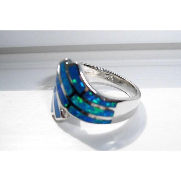 925 STERLING SILVER Lab Created Blue Fire Opal Wave Ring - Picture 12 of 16